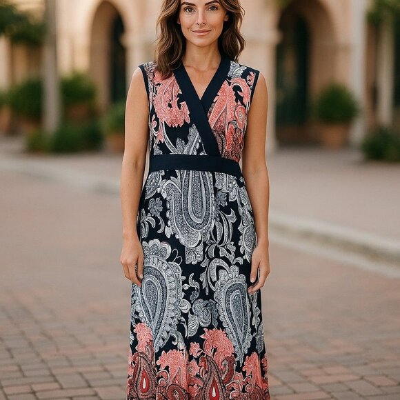 Elie McCarthy Navy Blue Paisley Print Sleeveless Maxi Dress Size 3X 22 24 Plus - Picture 1 of 8